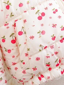 秋冬少女時尚甜美可愛櫻桃碎花絎縫立領軟綿夾克棉服外套 西式戶外棉衣 - 彩色 - 查看 5