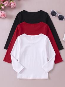 SHEIN Elladie kids 少女休閒純色百搭時尚羅紋針織圓領長袖柔軟內搭 T-shirt 上衣套裝，黑色紅色白色，聖誕派對秋季風格 - 彩色 - 查看 2