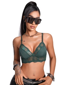 AltBold 1pc Lace Patchwork Wireless Non-Padded Women's Bra - Dark Green - View 1