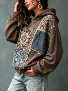 Resyla Women's Casual Vacation Style Patchwork Floral Pattern Drop Shoulder Loose Hooded Sweatshirt - Multicolor - View 3