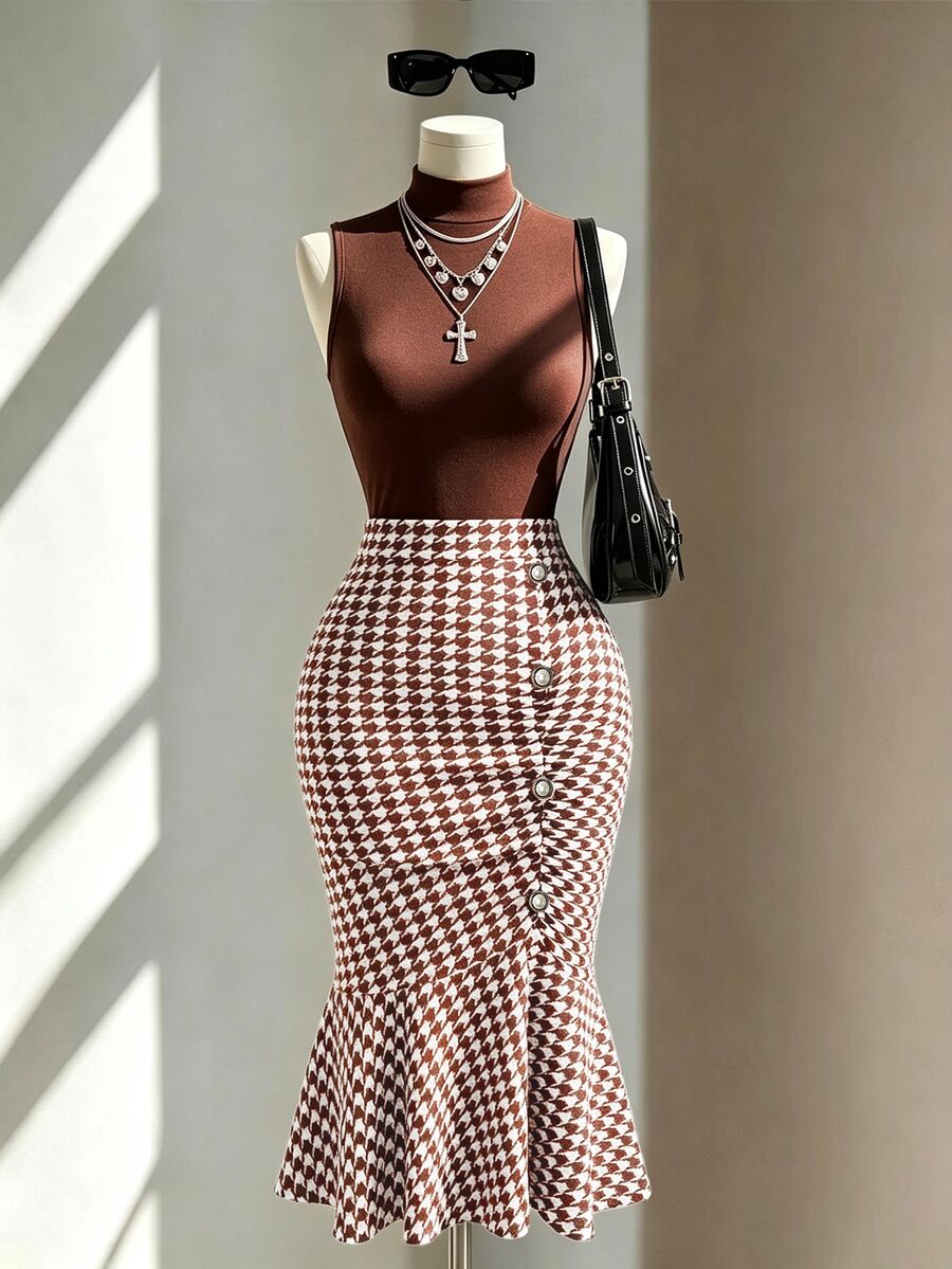 Fine & Folde Women's Houndstooth Casual Versatile Daily Skirt - Coffee Brown - View 1