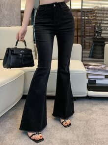 DAZY Women's Black High-Waist Button Washed Solid Color Loose Straight Leg Wide Leg Casual Denim Jeans, Autumn - Black - View 2