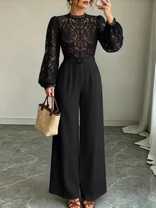 GlowEve Elegant Multi-Occasion Date Night Small Stand Collar Lace Embroidered Patchwork Jumpsuit - Black - View 8