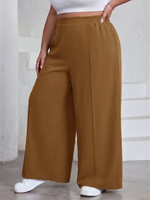 SHEIN CURVE+ 大尺碼女款純色百褶褲，黑色寬鬆寬腿褲，Curve Plus，波希米亞度假風 - 卡其色 - 查看 6