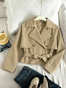 SHEIN Sparklyn Teen Girl Solid Color Waist Tie Casual Versatile Long Sleeve Jacket - Khaki - View 3