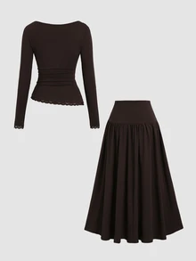 Sweetra Minimalist Knitted Patchwork Lace Long Sleeve T-Shirt And Versatile Casual Maxi Skirt Set - Coffee Brown - View 2