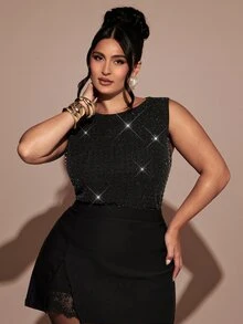 SHEIN BAE CURVE Plus Size Women's Black Rhinestone Embellished Round Neck Fitted Elegant Tank Top - Black - View 5
