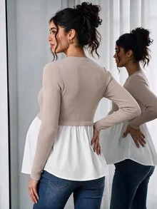 Momance Maternity Top Solid Color Round Neck Long Sleeve Casual Blouse For Outings And Home Wear Autumn - Apricot - View 2