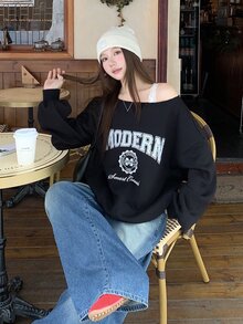 DAZY Women's Letter Print Asymmetrical Shoulder Drop Sleeve Casual Loose Sweatshirt - Black - View 8