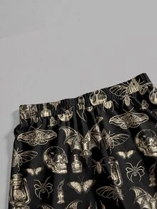 ROMWE Dark Forest Gothic Horror Mysterious Crow Bat Skull Cross Loose Plus Size Pants - Black - View 3