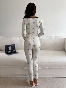 DAZY 秋冬甜美修身條紋蕾絲拼接女款睡衣套裝 - 黑色 - 查看 2