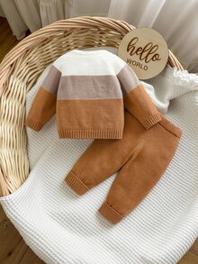 SHEIN Newborn Baby Striped Colorblock Long Sleeve Sweater And Cuffed Knit Pants Set Winter - Multicolor - View 2