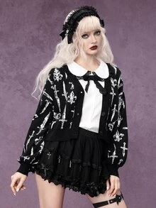ROMWE Dark Gothic Punk Pattern Short Knit Cardigan For Women - Black - View 7