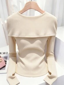 GlowEve French Elegant Commute & Casual Wear Versatile Knit Faux Sweater Textured Ribbed Comfortable Twisted Design Top Vintage Fashion Slim Fit Women's T-Shirt - Apricot - View 2