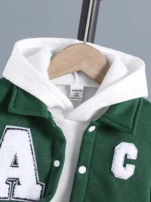 SHEIN Genkimix Kids 男童復古大學棒球夾克，酷炫雪尼爾字母貼布與徽章刺繡森林綠壓扣飛行夾克，聖誕節，Noël - 墨綠色 - 查看 7