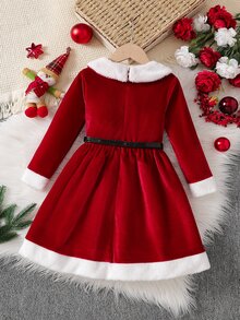 SHEIN Elladie kids 女童白色人造毛與紅色絨毛A字領口聖誕洋裝，優雅時尚舒適簡約，適合日常穿著與外出，適用於春、秋、冬季 - 紅白色 - 查看 2