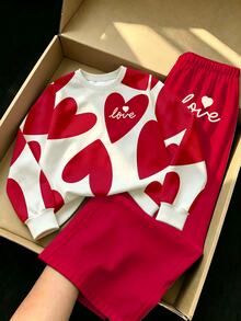 女童休閒清新米色下擺紅色大廓形愛心與LOVE字母圖案圓領衛衣寬腿褲套裝，秋季穿搭 - 彩色 - 查看 4