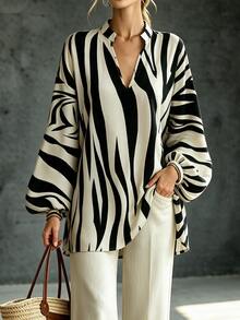 Louniche Women's Summer Apricot Stand Collar Split V Neck Lantern Long Sleeve Loose Long Tunic Blouse - Apricot - View 3