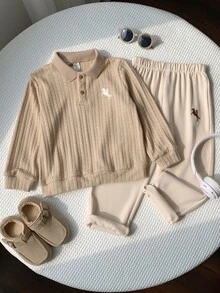 SHEIN 2件組小男孩秋冬休閒騎士印花運動衫與長褲套裝，秋冬校服套裝 - 彩色 - 查看 5