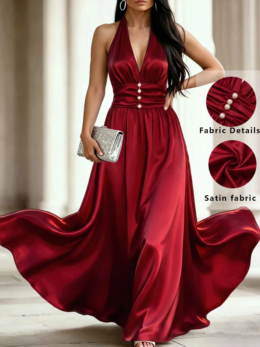 Velvienne Plus Size Halter Neck Deep V Satin Maxi Dress, Ruched Waist Pearl Decor Flowy Casual Evening Party Long Dress - Red - View 1