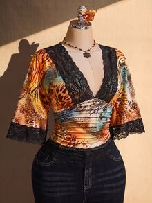 SHEIN ICON 大尺碼 Y2K 復古性感豹紋 V 領蕾絲拼接喇叭袖上衣 - 彩色 - 查看 7