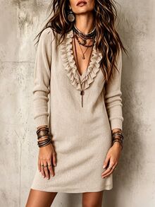 LUMIGAL Autumn/Winter Casual Textured Fabric Khaki Ruffle V-Neck Long Sleeve Women's Dress - Apricot - View 1