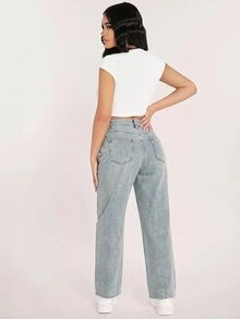 SHEIN PETITE 女款高腰口袋寬腿寬鬆休閒牛仔褲 - 藍色 - 查看 2