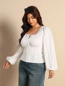 Elaquor Plus Size Elegant Lace Patchwork Pleated Tie-Front Blouse - White - View 3