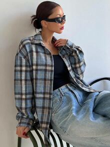 DAZY Women's Casual Vacation Button-Up Plaid Long Sleeve Shirt - Khaki - View 3