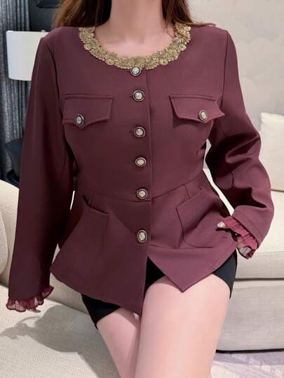 Vibekara Plus Size Lace Patchwork Button Waist Blazer