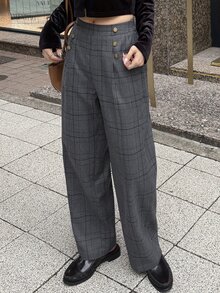 FRIFUL Women's Waist Button Design Pocket Plaid Straight Leg Pants - Brown - View 2