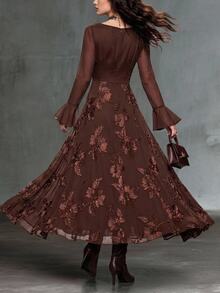 Solivie Women's Autumn Mesh Patchwork Jacquard Burgundy Dress, Party & Gathering Outfit - Coffee - View 7