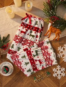 Dream Adore Women's Christmas Element Print Plush Pajamas With Bow Decor, Soft And Comfortable For Autumn/Winter, Women's Sleep Pants, Perfect Holiday Gift For Sleeping - Red - View 4