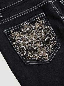 SHEIN Girlism 青少年女孩 Y2K 龐克復古刺繡翅膀與水鑽裝飾彈性喇叭牛仔褲 - 黑色 - 查看 2