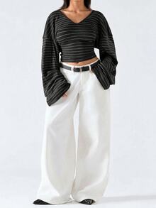 LYSMO Plus Size Women's Autumn/Winter Black & White Striped Flare Sleeve T-Shirt - Multicolor - View 5