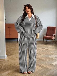 Elaquor 大尺碼女款條紋拼接長袖上衣與寬腿長褲休閒日常兩件套，秋冬休閒日常外出條紋套裝 - 黑與白 - 查看 2