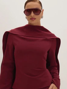 MUSEYN Burgundy Red Woven Cape Tailored Top Versatile Everyday Casual New Season Fall - Burgundy - View 5