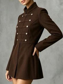 Yalmera Women's Autumn/Winter Solid Color Double-Breasted Zipper Placket Napoleon Overcoat - Brown - View 8