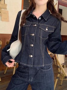 DAZY Women's Long Sleeve Single-Breasted Casual Denim Jacket - Blue - View 2