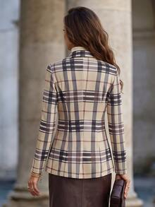 Editum Women's Plaid Lapel Neck Long Sleeve Single Button Casual Blazer - Khaki - View 2