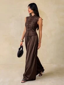SHEIN Tall Setelan Blazer Kasual Wanita dengan Kancing Depan - Coklat - View 7