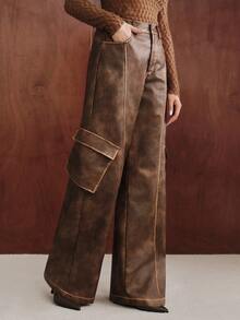 Anewsta Fashionable Modern Autumn Outfit For Women Brown Washed Distressed Casual Commute Cargo Pants With Pockets Long Pants - Brown - View 4