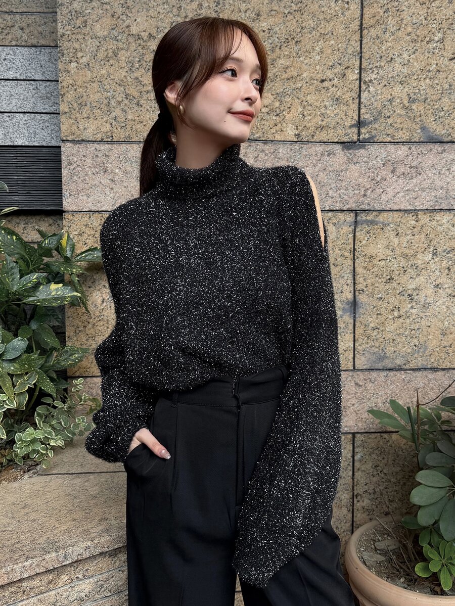 FRIFUL Women's Delicate Cold Shoulder Glitter High Neck Sweater Street Style Mature Elegant Dinner Date Night Black Fall - Grey - View 1