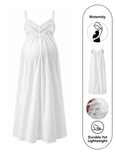 Moonlight&Mama 100% jacquard hímzett csipkeszalaggal, tiszta pamut, puha és kényelmes, frill szegélyes masnis női hálóruha, otthoni viselethez, terhes ruházat