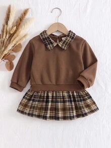 SHEIN 新生兒棕色可愛拼色格紋長袖領口洋裝嬰兒 - 棕色 - 查看 9