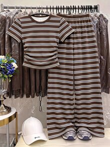Tween Girl Striped Pattern Short Sleeve Crew Neck T-Shirt And Long Pants 2 Pieces Set - Multicolor - View 2