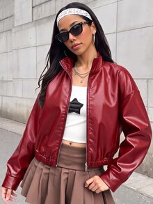 SHEIN 青少年女孩純色PU皮革拉鍊休閒百搭日常長袖夾克 - 紅色 - 查看 10