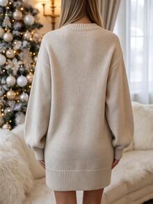 SHEIN Cream White Christmas Knitted Sweater, Handmade Pearl Snowflake Decoration Round Neck Long Sleeve Pullover - Apricot - View 2