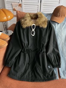 CovetEZ Plus Size Women's Faux Fur Collar Long Sleeve Drawstring Waist Zipper Front Casual Winter Jacket - Army Green - View 3