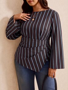 Elaquor Plus Size Women's Striped Flared Sleeve Pleated Asymmetric Hem Casual Shirt - Brown - View 5